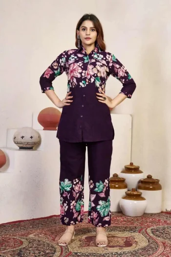 RICH LOOK COTTON PRINT WORK CO- ORD SET WINE
