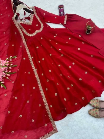 RICH LOOK EMBROIDERY CODING & SEQUENCE WORK GOWN BOTTOM WITH DUPATTA RED