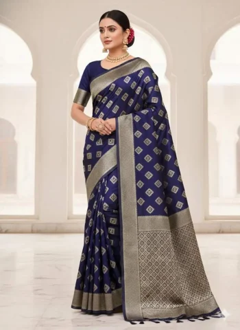 TRENDING LICHI SILK BANARASI WEAVING WORK SAREE WITH UNSTITCHED BLOUSE NAVY BLUE
