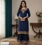 TRENDING RAYON FOIL PRINT WORK TOP AND SHARARA NAVY BLUE