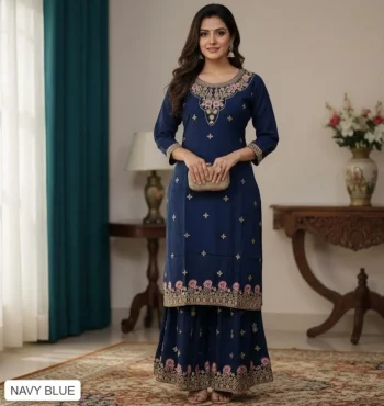 TRENDING RAYON FOIL PRINT WORK TOP AND SHARARA NAVY BLUE