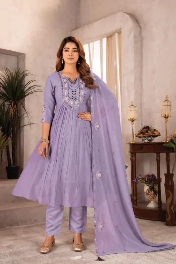 FANCY CHANDERI EMBROIDERY WITH REAL MIRROR HANDWORK TOP BOTTOM WITH DUPATTA LAVENDER