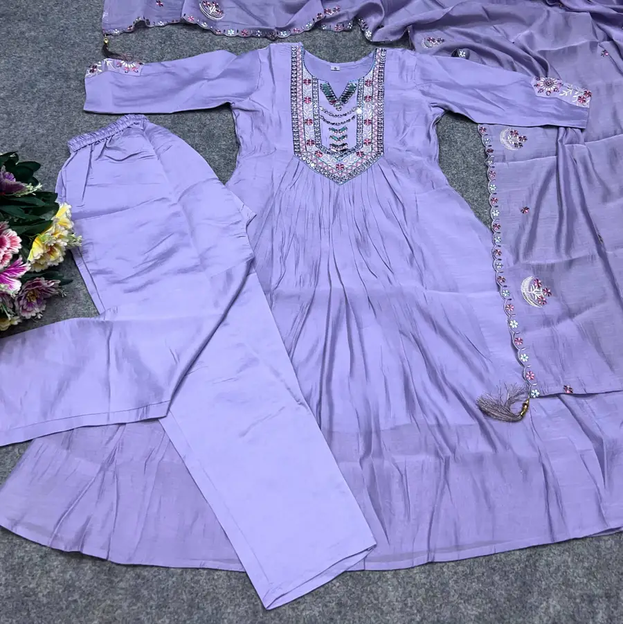 34FANCY CHANDERI EMBROIDERY WITH REAL MIRROR HANDWORK TOP BOTTOM WITH DUPATTA FESTIVE WEAR WHOLESALE PRICE ETHNIC GARMENT (22)