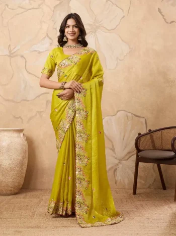 ATTRACTIVE CHIFFON EMBROIDERY CUTWORK WORK ARCO BORDER WORK SAREE WITH UNSTITCHED BLOUSE LEMON