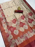 4DESIGNER BANARASI SILK FLOWERS AND MINA & ZARI WEAVING RICH PALLU WITH BORDER WORK SAREE WITH UNSTITCHED BLOUSE BROWN