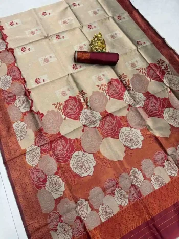DESIGNER BANARASI SILK FLOWERS AND MINA & ZARI WEAVING RICH PALLU WITH BORDER WORK SAREE WITH UNSTITCHED BLOUSE BROWN