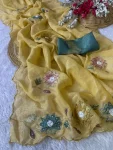 DESIGNER CRUNCHY HANDWORK AND PATCHWORK BORDER WITH FLOWAR WORK SAREE WITH UNSTITCHED BLOUSE YELLOW