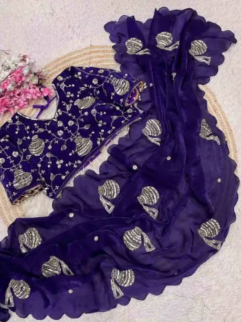 DESIGNER FENDY SATIN SILK HAND WORK WITH CUT WORK AARCO BORDER WORK SAREE WITH STITCHED BLOUSE PURPLE