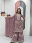 DESIGNER GEORGETTE EMBROIDERY THREAD & SEQUENCE WORK TOP PALAZZO WITH DUPATTA LAVENDER