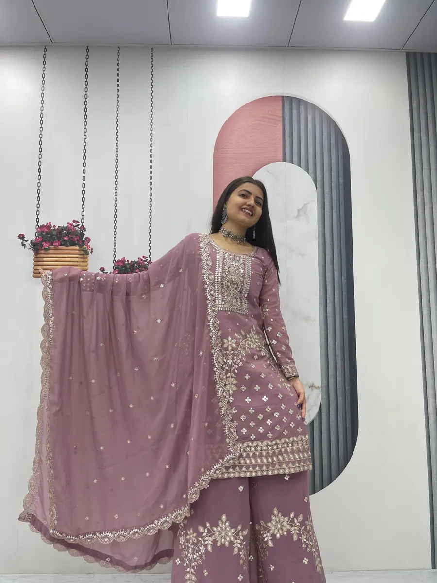 3DESIGNER GEORGETTE EMBROIDERY THREAD & SEQUENCE WORK TOP PALAZZO WITH DUPATTA WEDDING WEAR WHOLESALE PRICE ETHNIC GARMENT (23)