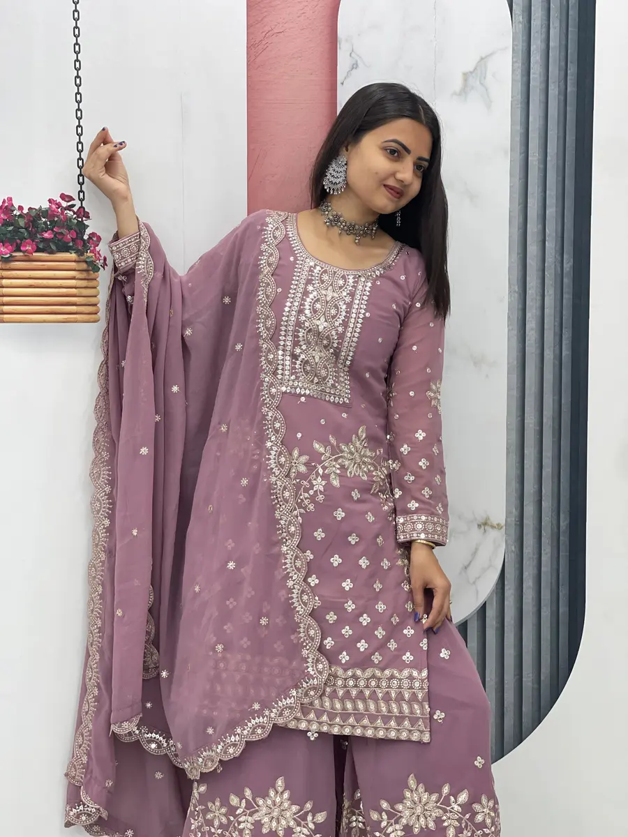 3DESIGNER GEORGETTE EMBROIDERY THREAD & SEQUENCE WORK TOP PALAZZO WITH DUPATTA WEDDING WEAR WHOLESALE PRICE ETHNIC GARMENT (24)