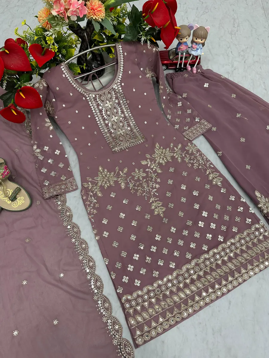 3DESIGNER GEORGETTE EMBROIDERY THREAD & SEQUENCE WORK TOP PALAZZO WITH DUPATTA WEDDING WEAR WHOLESALE PRICE ETHNIC GARMENT (25)