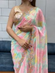 3DESIGNER GEORGETTE SHIBORI PRINT WITH CODING SEQUENCE RAINBOW LACE WORK SAREE WITH UNSTITCHED BLOUSE PARTY WEAR WHOLESALE PRICE ETHNIC GARMENT (7)