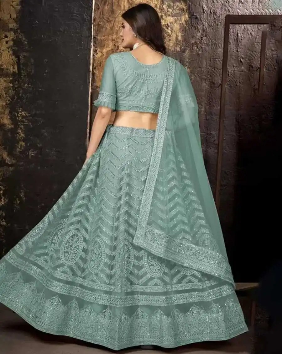3DESIGNER NET CHAIN WORK LEHENGA CHOLI WITH DUPATTA FESTIVE WEAR WHOLESALE PRICE ETHNIC GARMENT (6)