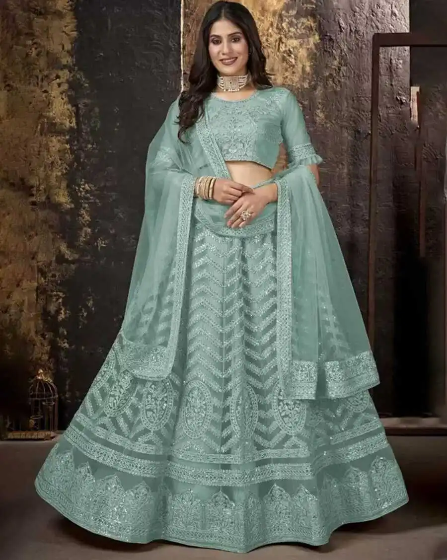 3DESIGNER NET CHAIN WORK LEHENGA CHOLI WITH DUPATTA FESTIVE WEAR WHOLESALE PRICE ETHNIC GARMENT (7)