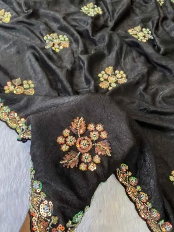 DESIGNER ROBIN HOOD ORIGINAL BEEDS WORK WITH FLORAL WORK SAREE WITH UNSTITCHED BLOUSE BLACK