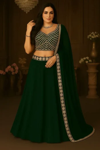 FANCY GEORGETTE EMBROIDERY FOIL WORK LEHENGA CHOLI WITH DUPATTA GREEN
