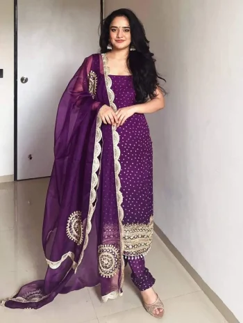 FANCY GEORGETTE PEARL MOTI & REAL MIRROR HAND WORK WITH EMBROIDERY WORK TOP BOTTOM WITH DUPATTA PURPLE