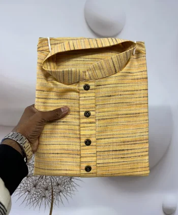 FANCY KHADI LINEN HANDWOVEN WORK MEN'S KURTA PAYJAMA YELLOW