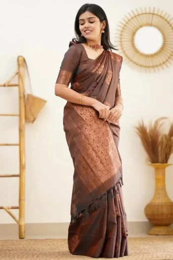 FANCY LICHI SILK RICH PALLU & JACQUARD WORK SAREE WITH UNSTITCHED BLOUSE BROWN