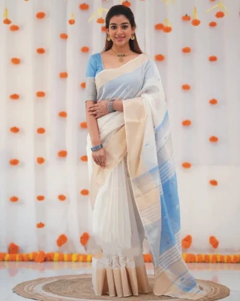 FANCY LINEN COTTON WEAVING WORK SAREE WITH UNSTITCHED BLOUSE SKY
