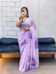 MODERN GEORGETTE HANDPAINT FLOWER PRINT PANEL WORK WITH CUT DANA HANDWORK SAREE WITH UNSTITCHED BLOUSE LAVENDER