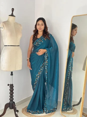 NEW ARRIVAL FENDY CHIFFON DIAMOND CUT DANA JHARKAN WORK WITH HANDWORK SEQUNCE BUTTA WORK SAREE WITH UNSTITCHED BLOUSE TEAL