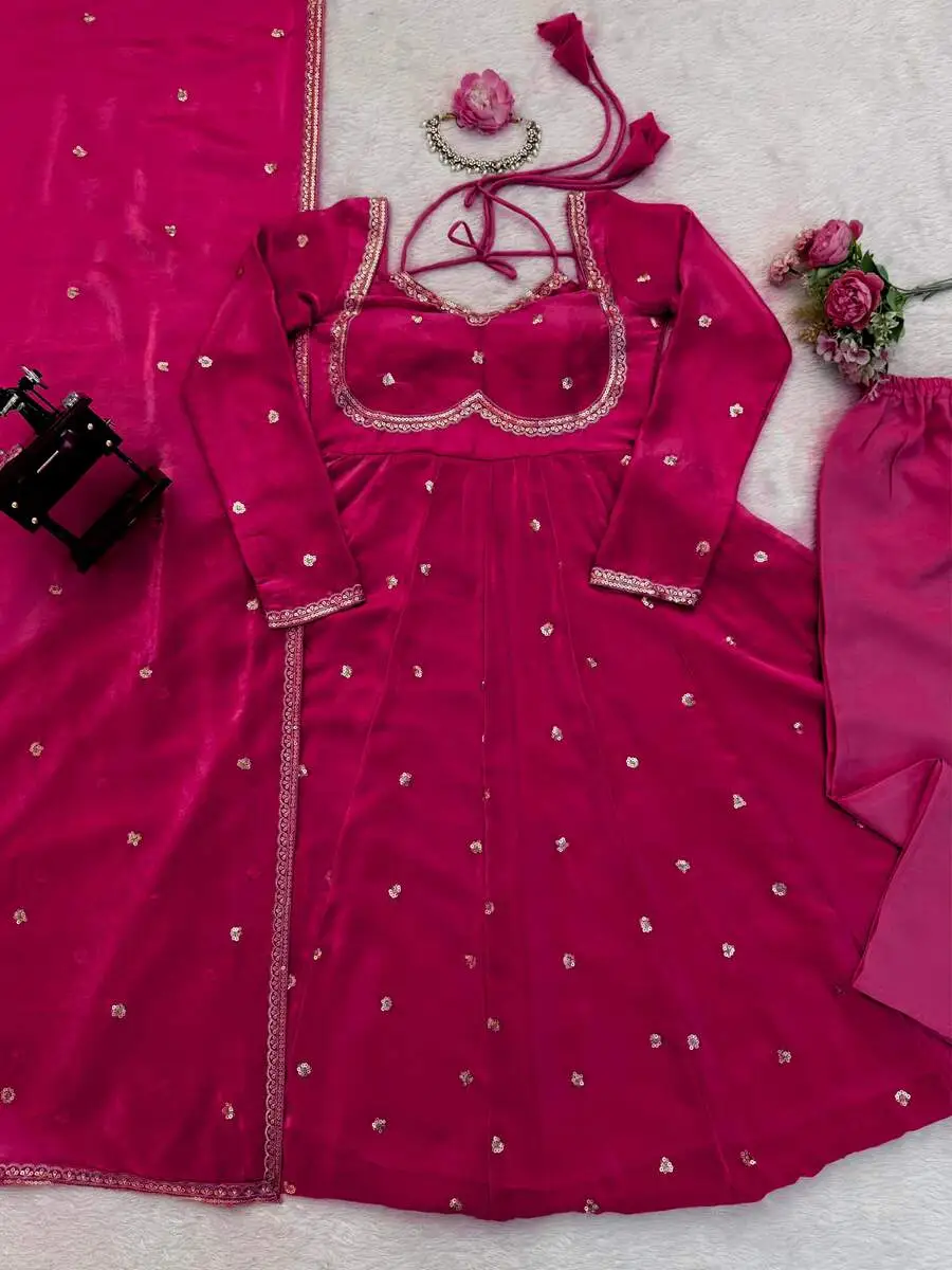 3NEW ARRIVAL FENDY SILK THREAD WITH SEQUNCE WORK GOWN BOTTOM WITH DUPATTA PARTY WEAR WHOLESALE PRICE ETHNIC GARMENT (22)