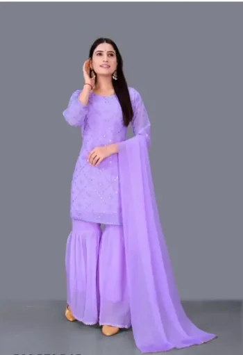NEW ARRIVAL GEORGETTE EMBROIDERY WORK TOP SHARARA WITH DUPATTA LAVENDER