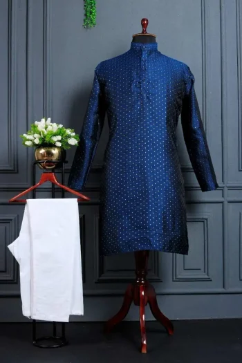 NEW ARRIVAL JACQUARD PRINTED WORK MEN'S KURTA PAYJAMA BLUE