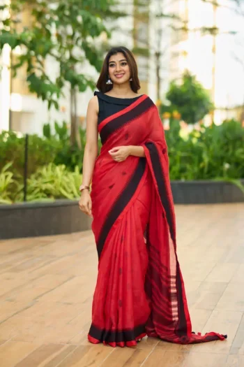 NEW ARRIVAL LINEN RICH PALLU & JACQUARD WORK SAREE WITH UNSTITCHED BLOUSE RED