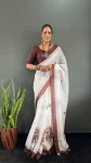 NEW ARRIVAL LINEN SILK DIGITAL PRINT WORK READY TO WEAR SAREE WITH UNSTITCHED BLOUSE BROWN