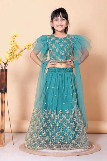 NEW ARRIVAL NET LACE BORDER WITH SEQUENCE EMBROIDERY WORK KID'S LEHENGA CHOLI WITH DUPATTA RAMA