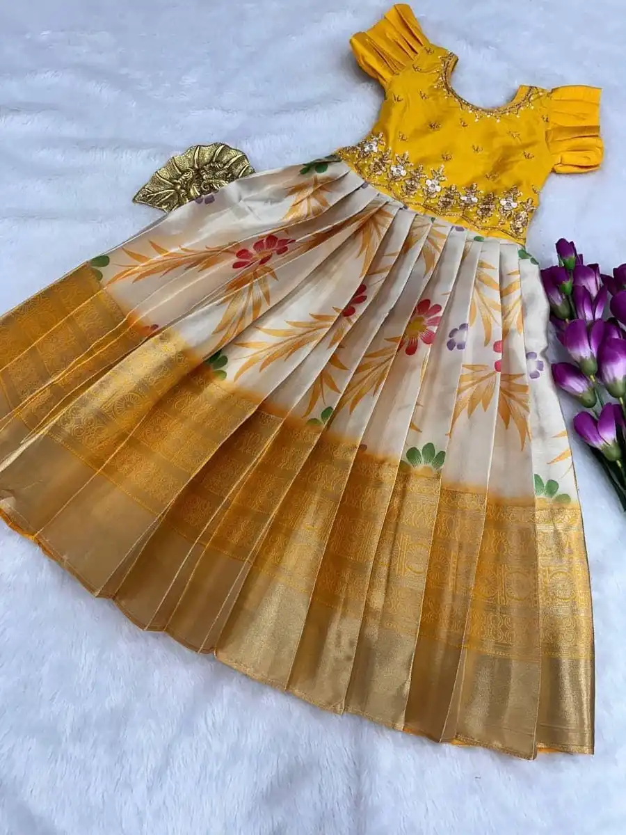 3NEW ARRIVAL SILK HANDWORK AND DIGITAL PRINT WORK BORDER PURE ZARI WEAVING WORK KID'S GOWN WEDDING WEAR WHOLESALE PRICE ETHNIC GARMENT (6)