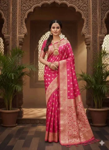 TRENDING LICHI SILK BANARASI WEAVING WORK SAREE WITH UNSTITCHED BLOUSE PINK