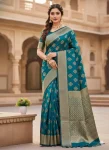 TRENDING LICHI SILK BANARASI WEAVING WORK SAREE WITH UNSTITCHED BLOUSE TEAL