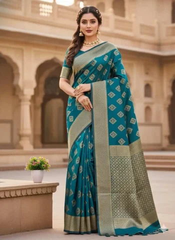 TRENDING LICHI SILK BANARASI WEAVING WORK SAREE WITH UNSTITCHED BLOUSE TEAL