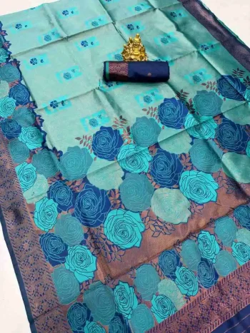 DESIGNER BANARASI SILK FLOWERS AND MINA & ZARI WEAVING RICH PALLU WITH BORDER WORK SAREE WITH UNSTITCHED BLOUSE RAMA