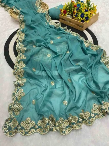 DESIGNER GEORGETTE FLORAL DESIGN ZARI EMBROIDERY BORDER WITH STONE WORK AND ZARI BUTTI WORK SAREE WITH UNSTITCHED BLOUSE SKY
