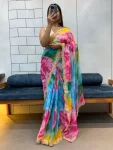 DESIGNER GEORGETTE SHIBORI PRINT WITH CODING SEQUENCE RAINBOW LACE WORK SAREE WITH UNSTITCHED BLOUSE MULTI