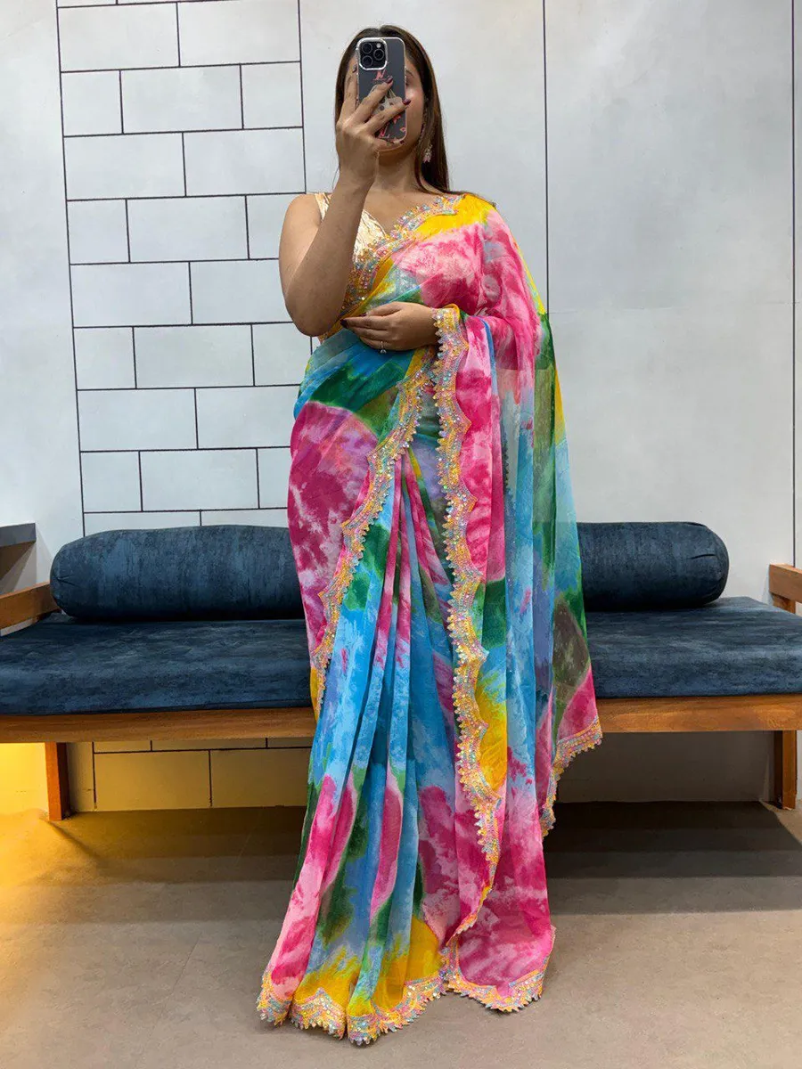 4DESIGNER GEORGETTE SHIBORI PRINT WITH CODING SEQUENCE RAINBOW LACE WORK SAREE WITH UNSTITCHED BLOUSE PARTY WEAR WHOLESALE PRICE ETHNIC GARMENT (10)