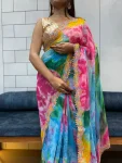 4DESIGNER GEORGETTE SHIBORI PRINT WITH CODING SEQUENCE RAINBOW LACE WORK SAREE WITH UNSTITCHED BLOUSE PARTY WEAR WHOLESALE PRICE ETHNIC GARMENT (10)