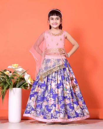 FANCY BANGLORI DIGITAL FLOWER PRINT WITH LACE BORDER WORK KID'S LEHENGA CHOLI WITH DUPATTA PURPLE