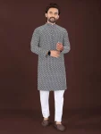 NEW ARRIVAL COTTON BLEND HANDCRAFTED LUCKHNAWI CHIKANKARI WORK MEN'S KURTA PAYJAMA BLACK