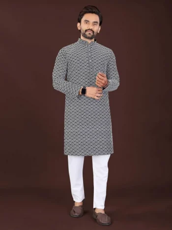NEW ARRIVAL COTTON BLEND HANDCRAFTED LUCKHNAWI CHIKANKARI WORK MEN'S KURTA PAYJAMA BLACK