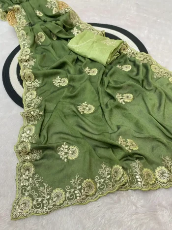 NEW ARRIVAL CRUSH SILK MULTI CODING DAGA & GOTA EMBROIDERY WORK BORDER SAREE WITH UNSTITCHED BLOUSE GREEN