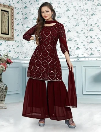 NEW ARRIVAL GEORGETTE EMBROIDERY WORK TOP SHARARA WITH DUPATTA BROWN