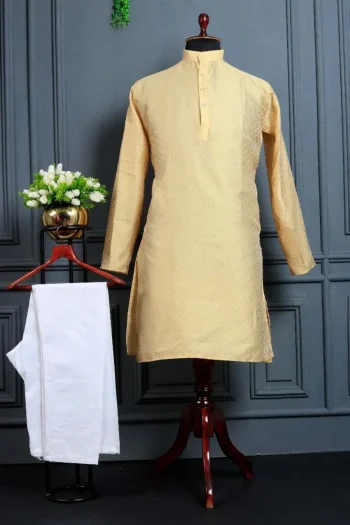 NEW ARRIVAL JACQUARD PRINTED WORK MEN'S KURTA PAYJAMA YELLOW