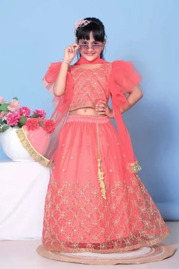 NEW ARRIVAL NET LACE BORDER WITH SEQUENCE EMBROIDERY WORK KID'S LEHENGA CHOLI WITH DUPATTA PEACH