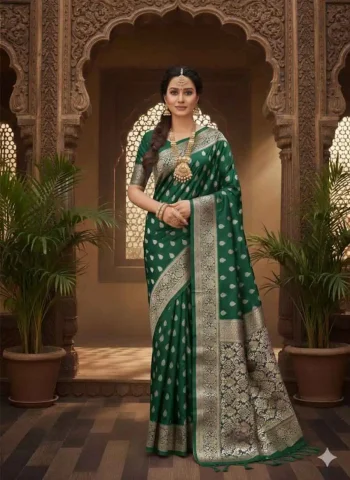 TRENDING LICHI SILK BANARASI WEAVING WORK SAREE WITH UNSTITCHED BLOUSE GREEN
